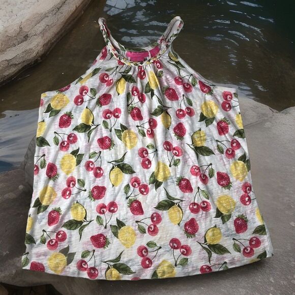 isaac mizrahi Women’s Linen Blend Lemon Cherry Strawberry Print Tank Medium NWT - Picture 1 of 14